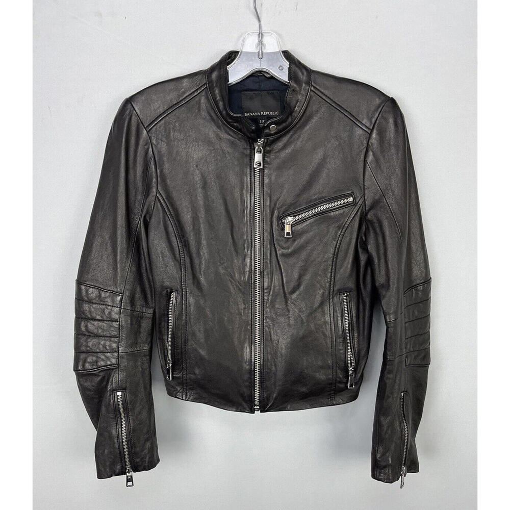 Banana Republic Cropped Leather Moto Jacket Black Size S